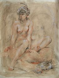odalisque, life drawing by Lala Ragimov a trois crayons on toned paper